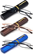REAVEE 3 Pack Slim Pen Reading Glasses - Small Tube Stylish Readers for Men Women, Spring Hinged, Black Brown Blue