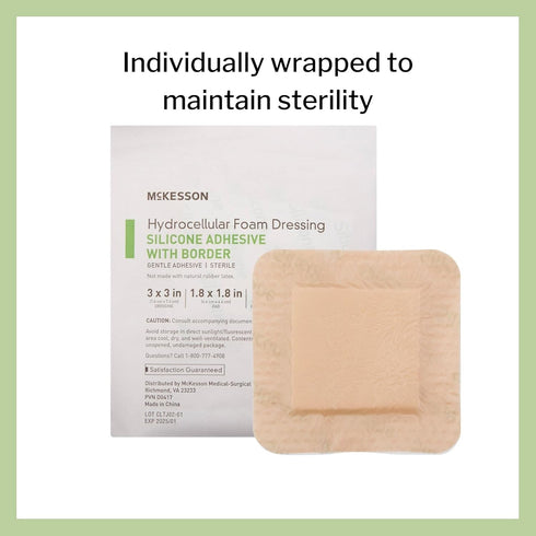 McKesson Hydrocellular Foam Dressings, Sterile Silicone Adhesive with Border, 10 Count, 3 in x 3 in