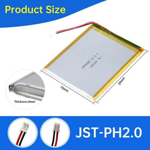 407087 3.7V Lipo Battery 2800mAh Rechargeable Lithium Polymer Pack with JST PH2.0mm Connector for Electronics