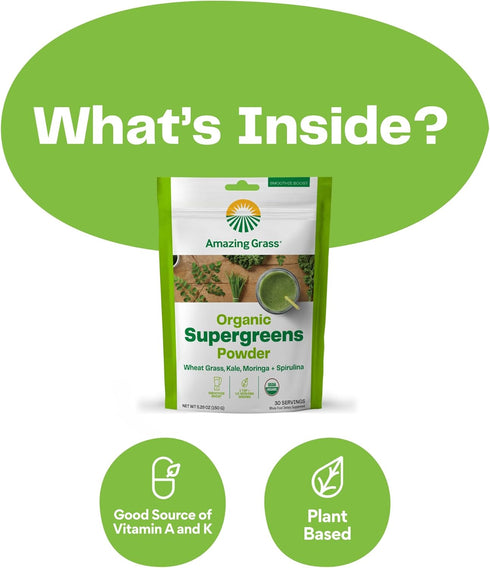 Amazing Grass Super Greens Booster, Greens Powder Smoothie Mix with Spirulina, Moringa, Wheat Grass & Kale, 30 Servings