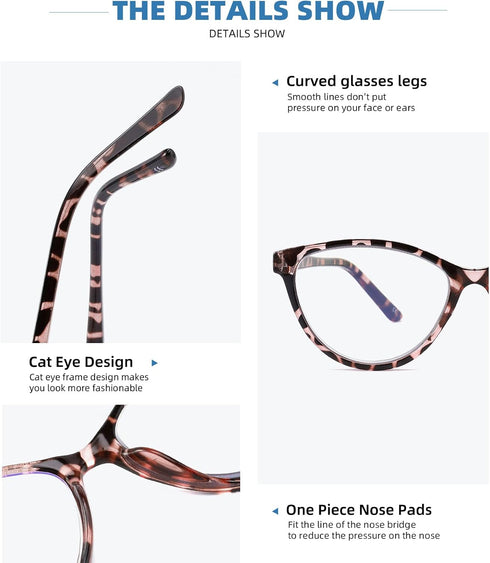 4 Pack Blue Light Blocking Reading Glasses for Women, Designer Cat Eye Frame, Anti Glare/UV Ray, 1.25
