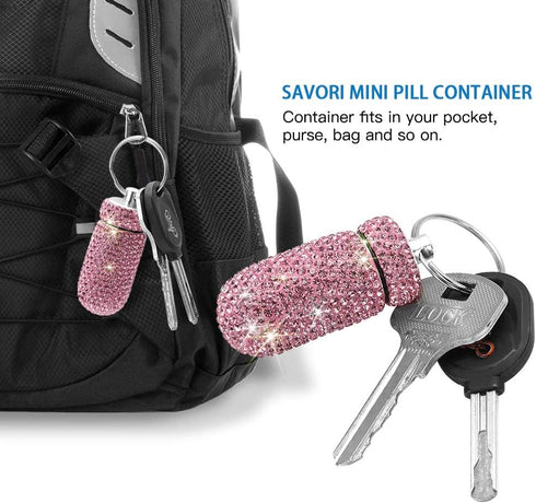 Portable Pill Case Pill Container Waterproof Pill Holder with Keychain Bling Pill Box Medicine Dispenser Bottle Storage for Outdoor Camping Travel (Pink)