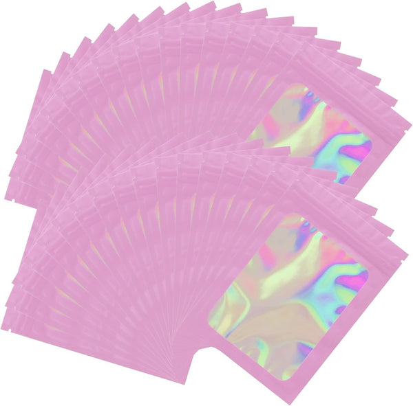 100 Pack Smell Proof Bags, Resealable Mylar Holographic Pouch with Clear Window for Food, Jewelry, Electronics Storage