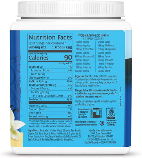 Sunwarrior Vegan Organic Protein Powder, Plant-Based BCAA Amino Acids, Vanilla, 17 Servings, Non-GMO