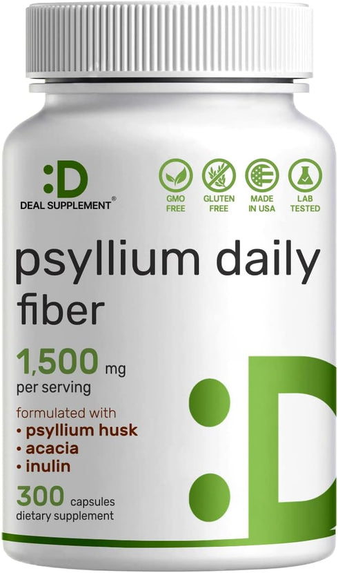 Psyllium Husk 1500mg Per Serving, 300 Capsules, Natural Soluble Fiber Supplement
