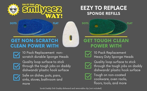 Scrub Daddy Dish Daddy Heavy Duty Refill, 10 Pack Sponge Replacement Head for Dishwashing and Kitchen Cleaning