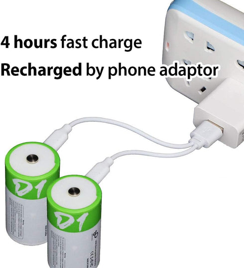 Rechargeable D Batteries 1.5V 12000mWh, USB Lithium Ion Rechargeable D Battery with USB Type C Charging Cable, 2-Pack
