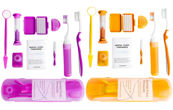 Portable Orthodontic Oral Care Kit - 2 Pack Travel Kit for Patients, Floss Wax Toothbrush Cleaning (Purple & Orange)