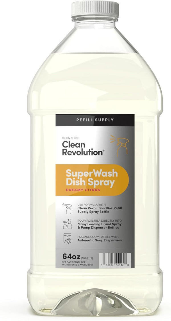 Clean Revolution SuperWash Dish Soap Spray, 64oz Refill Container, Ready to Use Citrus Fragrance, 1 Pack