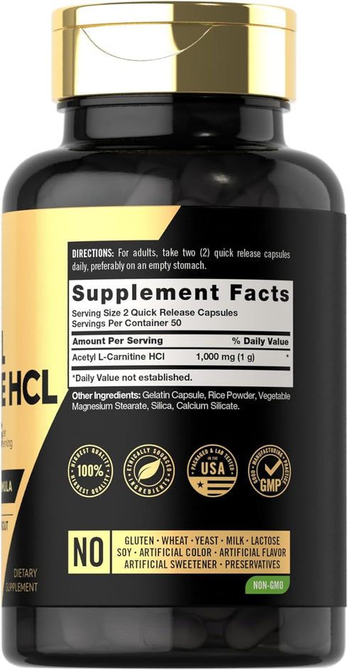 Carlyle Acetyl L-Carnitine HCL Capsules| 1000mg | 100 Count | Non-GMO and Gluten Free Supplement