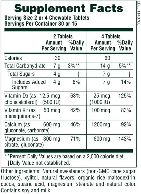 NaturesPlus Cal/Mag/VIT D3 with Vitamin K2, 60 Chewable Tablets, Chocolate Flavor