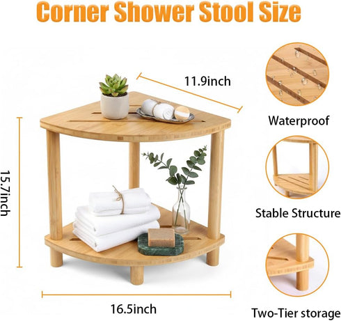 LZDGCC 2-Tier Bamboo Corner Shower Stool, Non-Slip Adjustable Shower Feet Stool for Shaving Legs, Shower Foot Rest