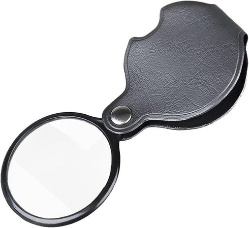 Mini Folding Pocket Magnifier with 10X Loupe 60mm Diameter Magnifying Lens for Reading Newspaper,Book,Magazine,Science Class,Hobby,Jewely,Inspection, Magnifier with Leather Sleeve Black