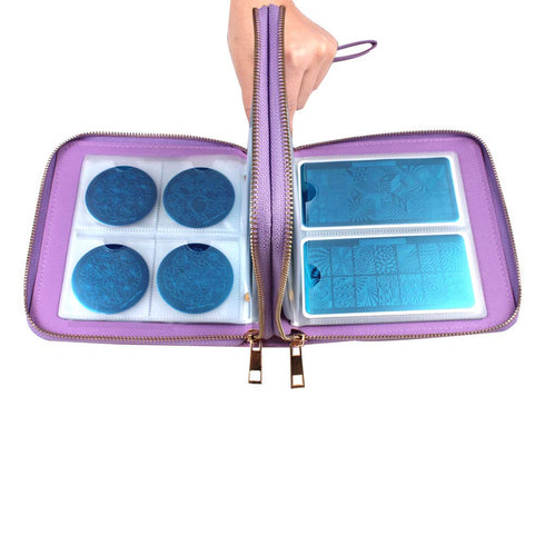 Nail Art Stamping Plates Double Zipper Cases, 192 Slots Nail Stencil Case, Purple Color Collection.