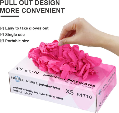 FINITEX Pink Nitrile Disposable Gloves - 3.5mil 100PCS Powder Free Latex Free Cleaning Medical Exam Gloves