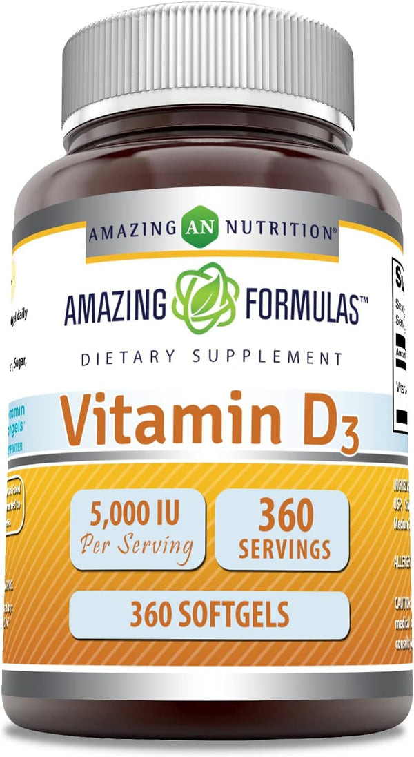 Amazing Formulas Vitamin D3 Cholecalciferol Supplement, 5000 IU Softgels, Non-GMO, Gluten-Free, Made in USA (360 Count)