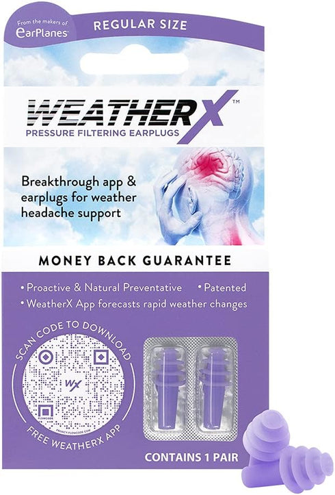 WeatherX Headache Prevention Earplug for Barometric Pressure Shifts, Regular 1 PK, Free Alert App Download