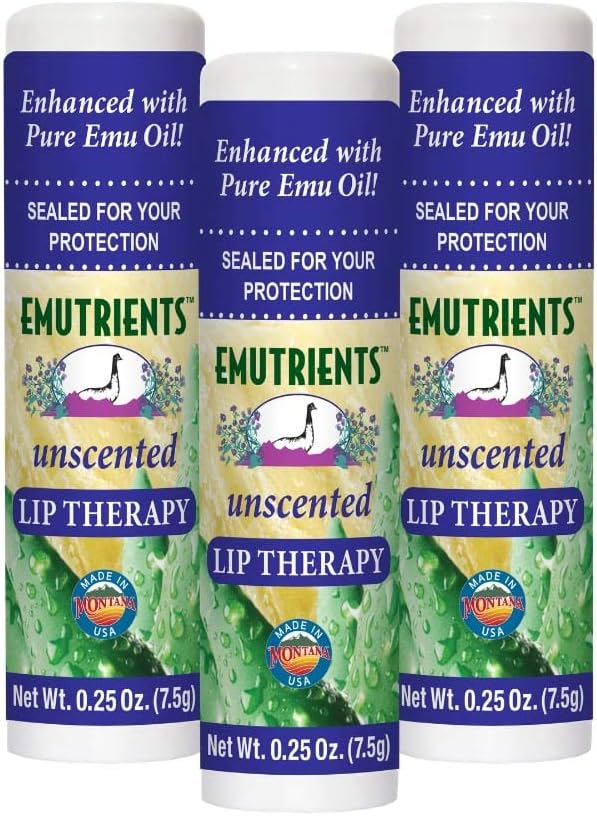 Montana Emu Ranch Lip Therapy Lip Balm, 0.25 Ounce, Unscented, 3 Pack with Pure Emu Oil