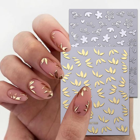 8 Sheets 3D Bronzing Flower Leaf Nail Stickers - Self-Adhesive Gold Silver Rose Gold Floral Leaves for Women