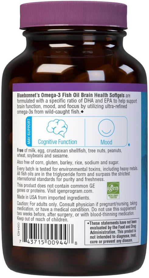 Bluebonnet Nutrition Omega-3 Brain Formula Natural Wild Caught, DHA 860 mg EPA 120 mg, 60 Softgels