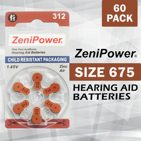 Zinc-Air Hearing Aid Battery Size 312, 60 Batteries