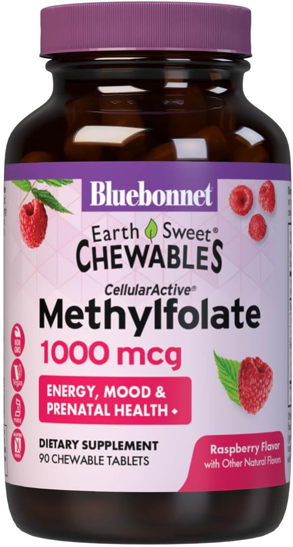 Bluebonnet EarthSweet Methylfolate 1000 mcg Supplement - Prenatal & Energy Support - 90 Chewable Tablets