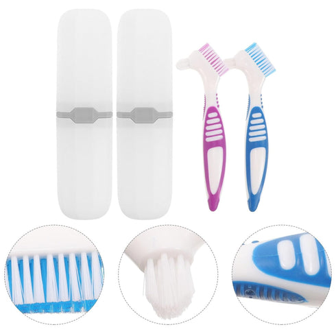 Healeved 2 Sets Denture with Toothbrush Cases, Small Double-Side Assorted Color Denture Cleaning