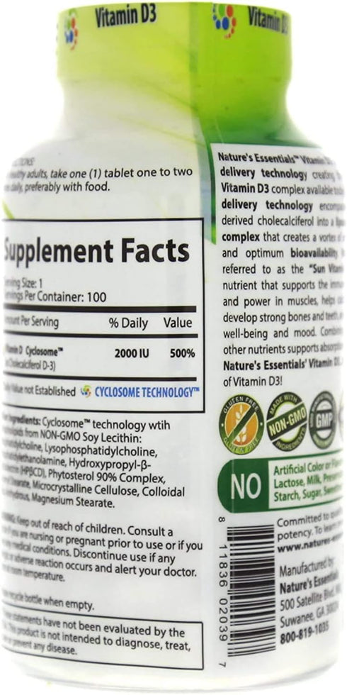 NATURE'S ESSENTIALS Vitamin D3 2000IU, Immune Support, Non-GMO, Gluten Free, Vegetarian, 100 Tablets