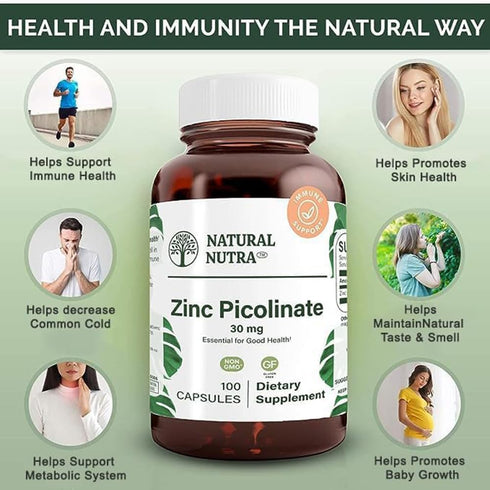 Natural Nutra Zinc Picolinate 30 mg, Double Strength Supplement for Growth and Immune Support, 100 Capsules