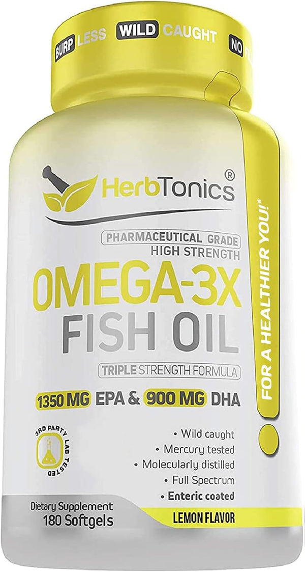 Herbtonics Triple Strength Omega 3 Fish Oil, HIGH EPA 1350MG + DHA 900MG for Heart Health & Joint Support (180 Capsules)