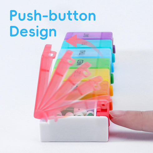 zeeho Button,7 Rainbow Large Weekly Pill Organizer Push Day Pill Box Cute BPA-Free Daily Large Medicine Container