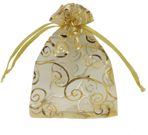 100pcs Sheer Organza Favor Bags, Rattan Print Gift Bags for Wedding Baby Shower, 3x4 inch, Gold