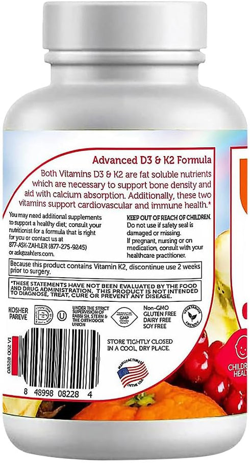 Zahler Junior Vitamin D3 + K2 Chewable Tablets for Kids, 90 Count, 2000 IU Vitamin D for Healthy Bones & Teeth