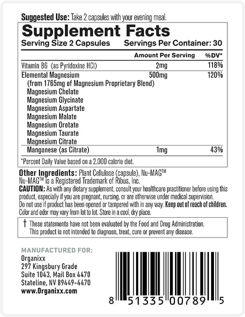 Organixx Magnesium Supplement - 30 Count, Natural Capsules for Sleep Support & Muscle Recovery
