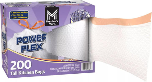 MEMBERS MARK (13 2 100 200 count Member's Mark Power Flex Tall Kitchen Drawstring Trash Bags Gallon, Rolls of ct.