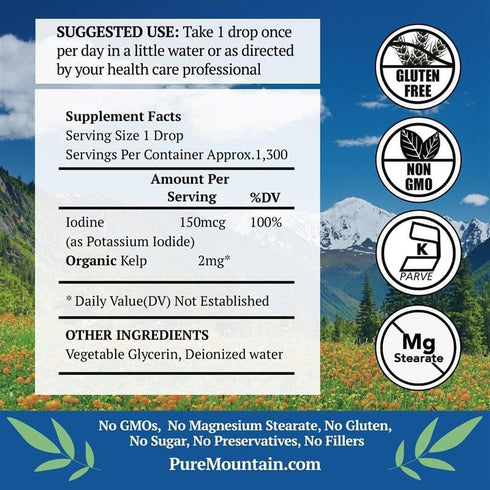 Liquid Iodine 0.3% Solution 2oz - Liquid Supplement with Organic Kelp, Kosher Vegan Iodide Drops Solution
