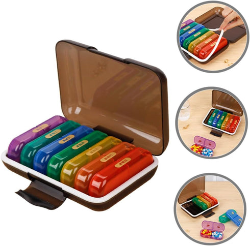 IMIKEYA Weekly Pill Organizer Box Portable Daily Medicine Storage Case with Colorful Black Shell, Reminder, Compact