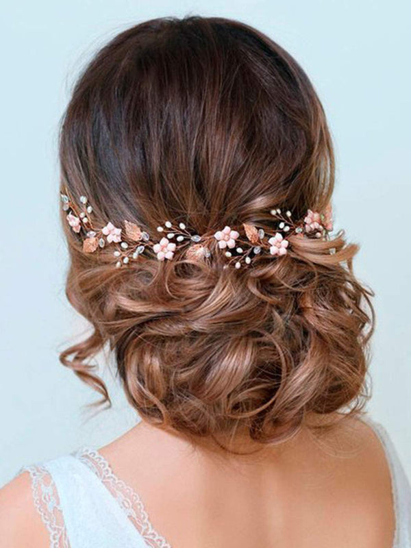 Rose Gold Wedding Headpiece, Flower Hair Vine, Pearl Bridal Crystal Headband for Women