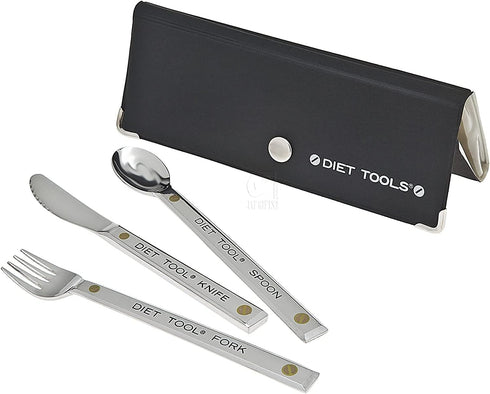 Godinger Diet Tools Weight Loss Portion Control Silverware, 3 Piece Set Spoon, Fork, Knife with Storage Case