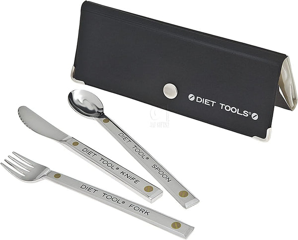 Godinger Diet Tools Weight Loss Portion Control Silverware, 3 Piece Set Spoon, Fork, Knife with Storage Case