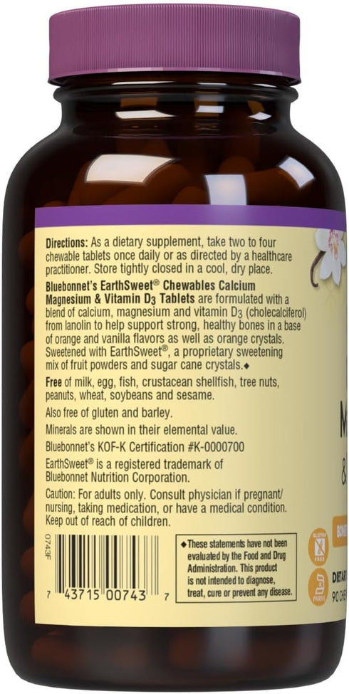 Bluebonnet Nutrition Calcium Magnesium Plus Vitamin D3 Earthsweet, 90 Orange Vanilla Chewable Tablets