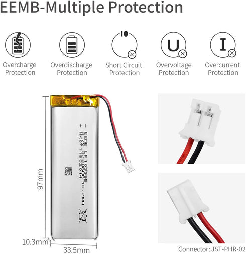 EEMB 3.7V 3700mAh Lithium Polymer Battery - Rechargeable Battery Pack with Wire JST Connector for Wireless Devices