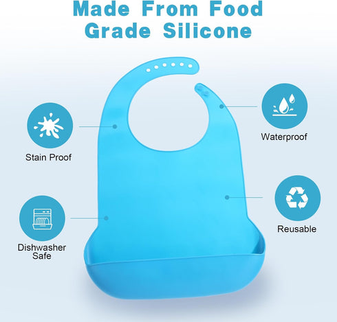 mekueeex 4 pieces adult bib Large silicone adult bibs with crumb catcher, adjustable waterproof clothes protector, Bibs