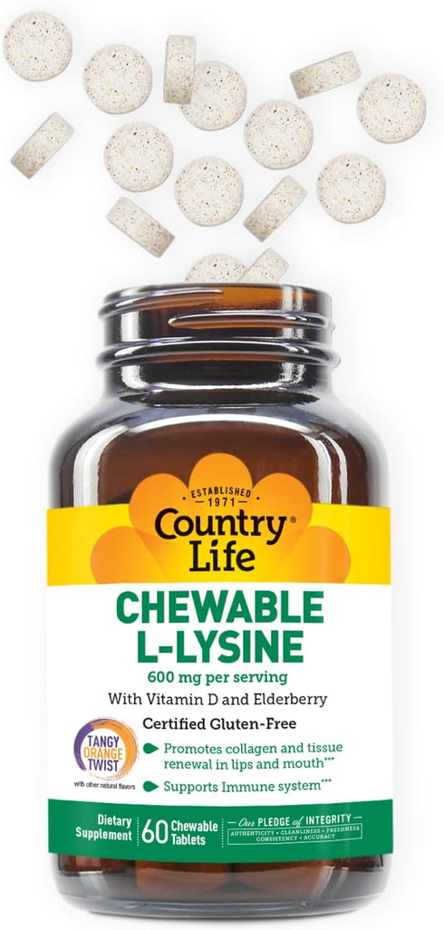 Country Life Chewable L-Lysine Supplement with Vitamin D and Elderberry, Immune Support for Adults