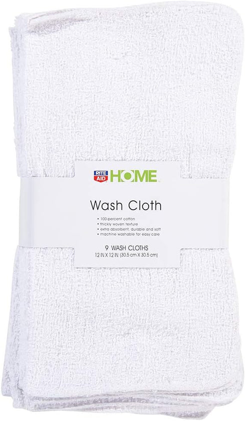 Rite Aid Home Wash Cloth, White - 9 ct