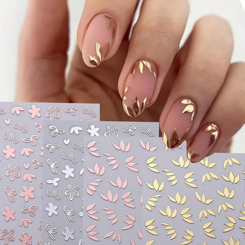 8 Sheets Bronzing Flower Leaf Nail Stickers 3D Self-Adhesive Flowers Nail Art Stickers Gold Silver Rose Gold Floral Leaves Nail Decals Summer Nail Supplies for Women and Girls Acrylic Nails DIY