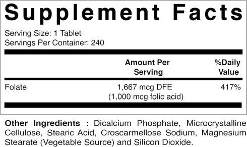Vitamatic Folic Acid 1000 mcg (1 mg) - Vegetarian Tablets - 1667 mcg DFE - Vitamin B9 (240 Count (Pack of 2))