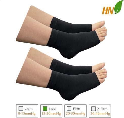 HealthyNees 15-20 mmHg (2 Ankle Compression Leg Foot Swelling Wide Open Toe Sleeve Pairs Black, S/M)