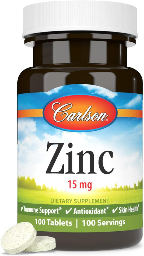 Carlson Zinc Supplement 100 Tablets, 15 mg Zinc Gluconate, Immune Support & Skin Health, Antioxidant