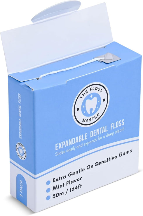 Expandable Dental Floss 3 Pack, Plastic-Free Dispenser with 50 Meter / 164 Feet per Pack, Mint Flavor
